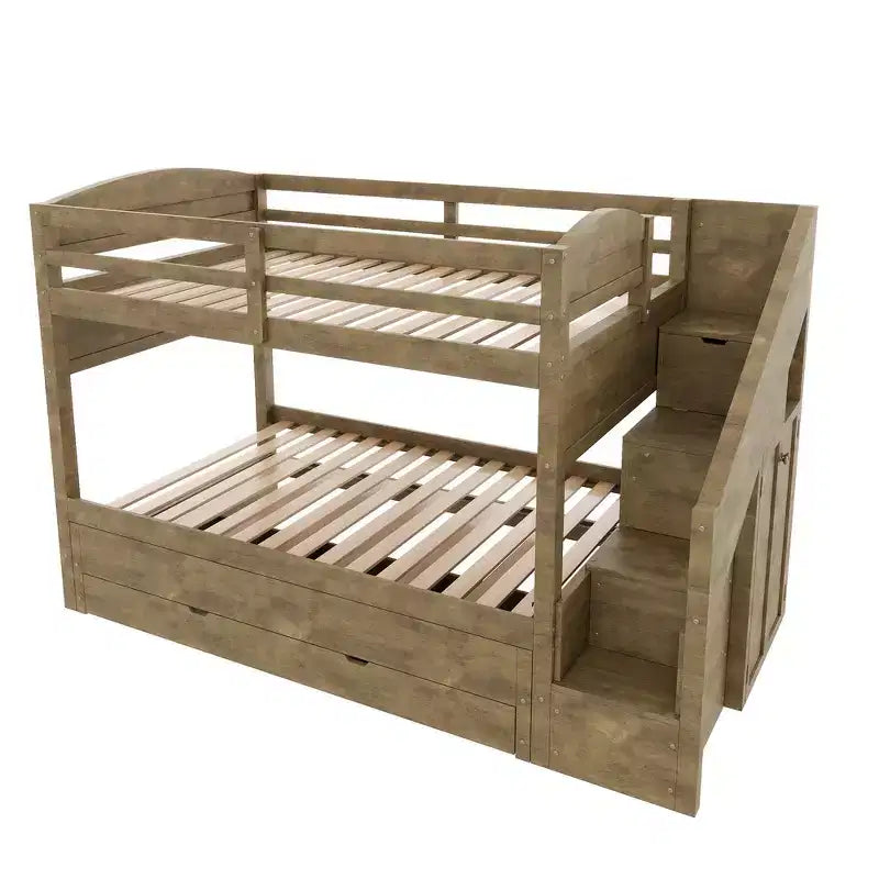 Lit superposé Whisen Twin XL avec lit gigogne, lit superposé avec rangement, lit superposé en bois massif, escalier de rangement, armoire, 3 tiroirs, pour enfants