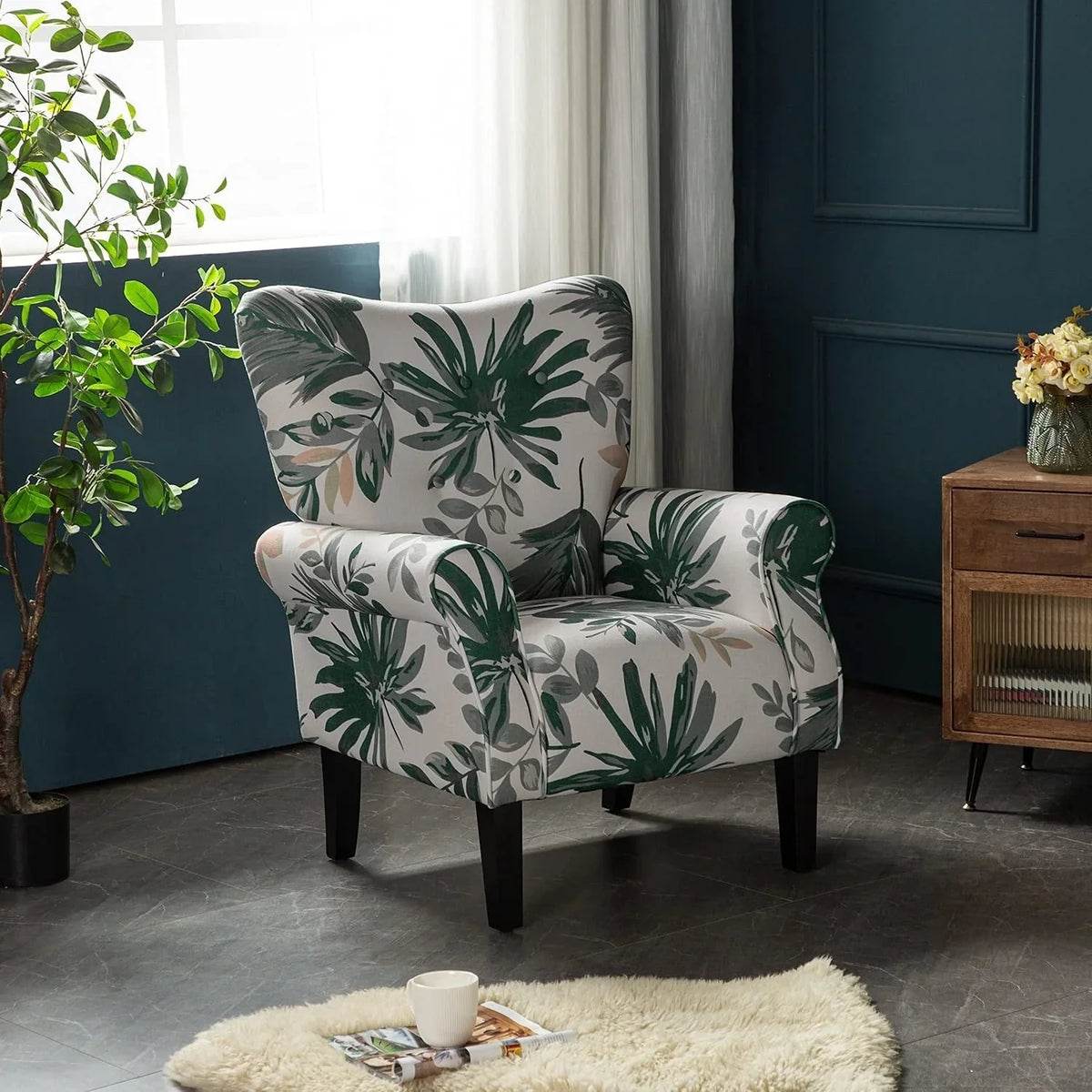 Fauteuil d'appoint moderne Erommy, fauteuil à dossier haut, canapé simple en tissu rembourré avec boutons et pieds en bois pour salon