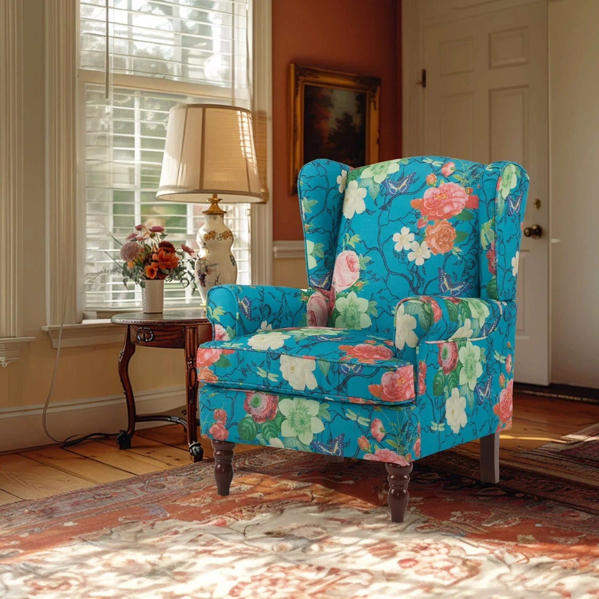 Fauteuil d'appoint moderne Erommy, fauteuil à dossier haut, canapé simple en tissu rembourré avec boutons et pieds en bois pour salon