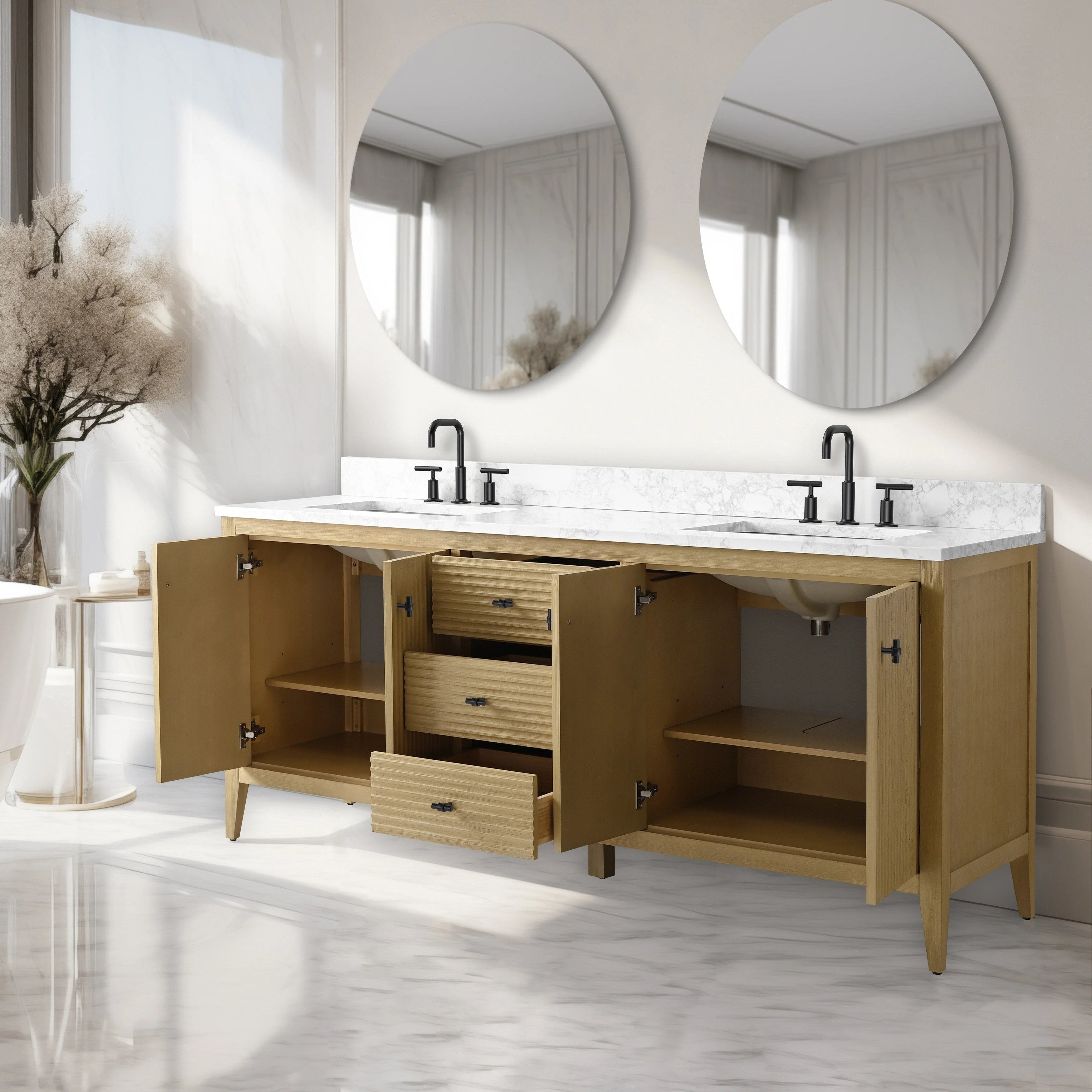 Meuble-lavabo de salle de bain Vanity Art 72 po à double vasque avec dessus en marbre reconstitué