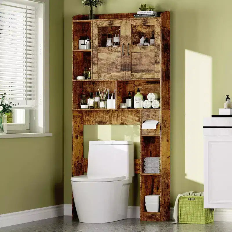 Meuble de rangement pour toilettes – Organisateur de salle de bain de style ferme de 171 cm de haut avec étagère réglable et porte en verre pour salle de bain, buanderie