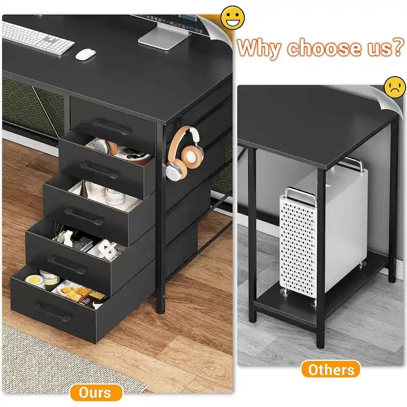 Bureau Gamer en L, Bureau d'Ordinateur avec Panneau Perforé, 5 Tiroirs et Étagère de Rangement