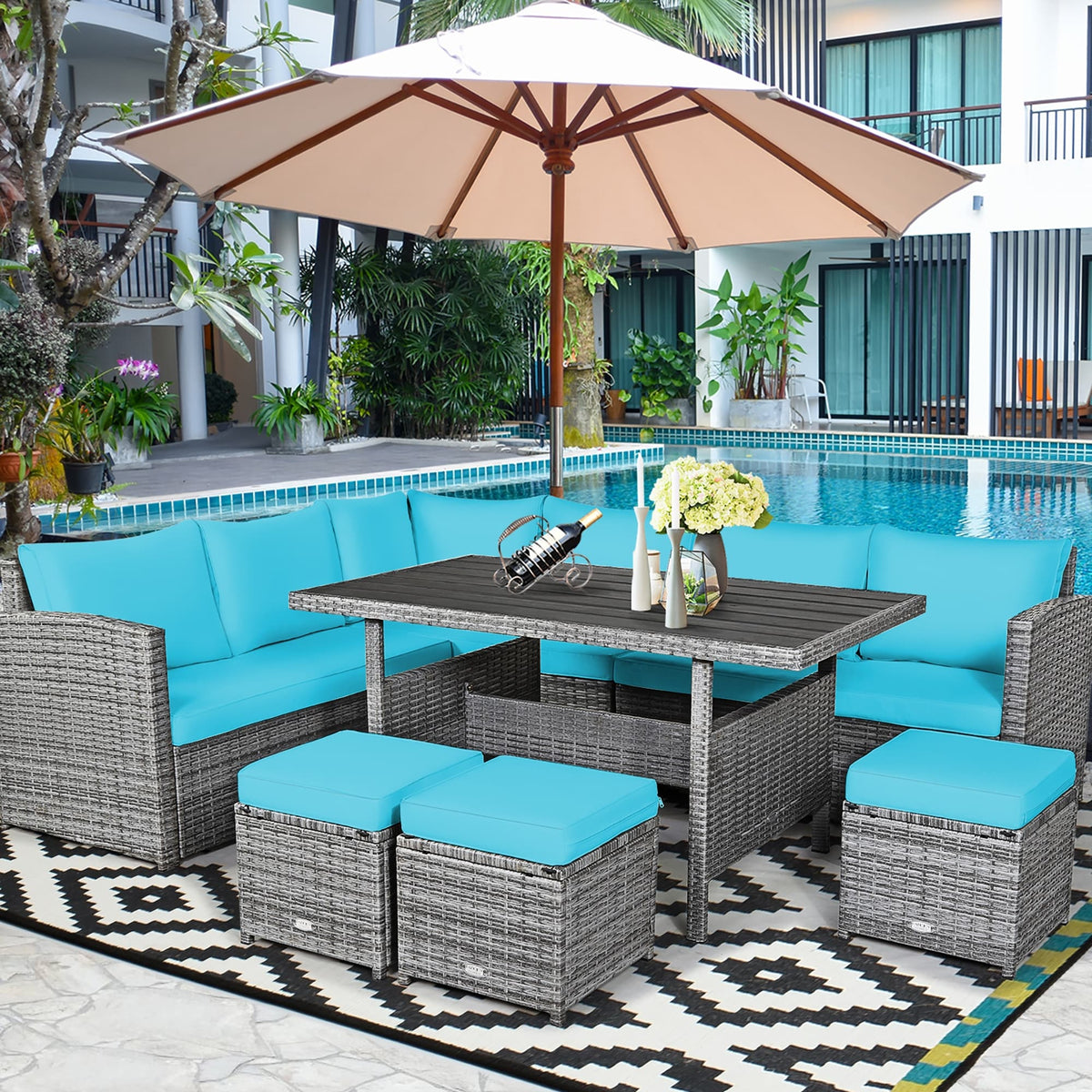Ensemble de salle à manger Costway 7 pièces en rotin pour terrasse, canapé sectionnel et pouf - Voir détails