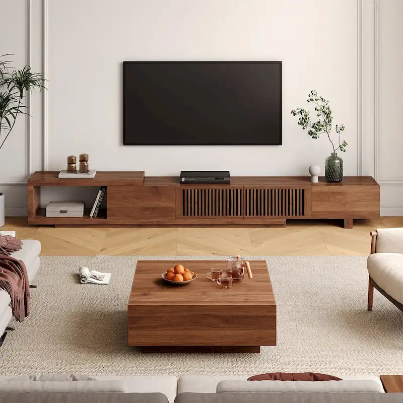 Meuble TV rétractable et extensible moderne avec 4 tiroirs, jusqu'à 261,62 cm - 78,54P x 15,74L x 13,78H