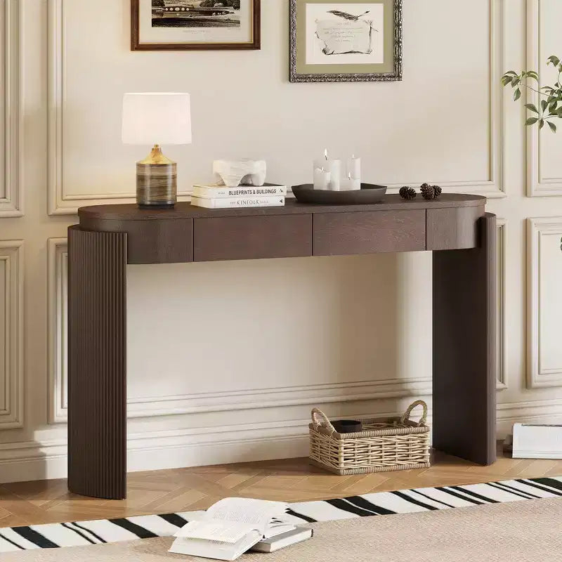 Console Merax moderne avec plateau ovale, pieds cannelés courbés et deux tiroirs dissimulés