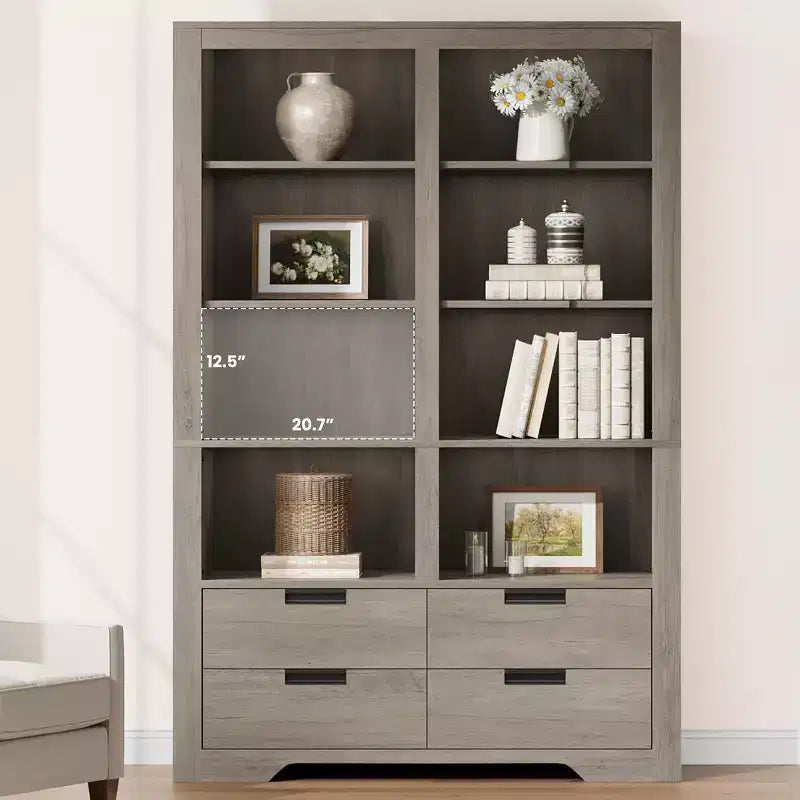 Bibliothèque haute de 72 po avec 4 tiroirs, étagère de rangement autoportante de style campagnard pour chambre à coucher, salon, bureau à domicile