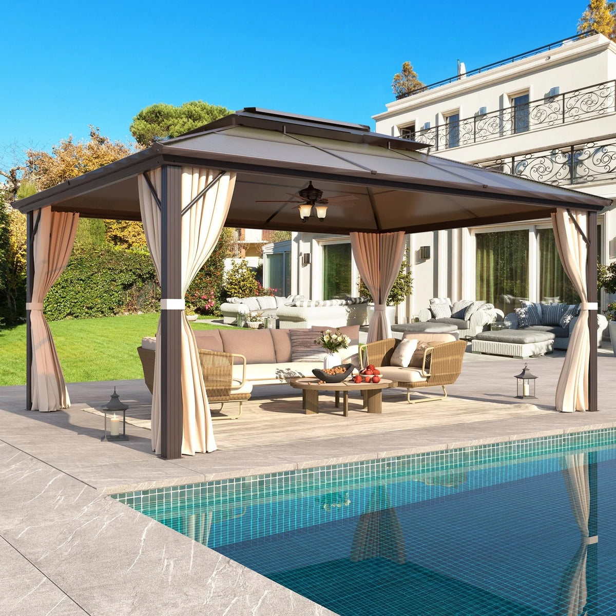 Tonnelle EROMMY à toit rigide, pergola extérieure avec double toit, moustiquaire et rideaux, auvent robuste pour patio, jardin, fête au bord de la piscine