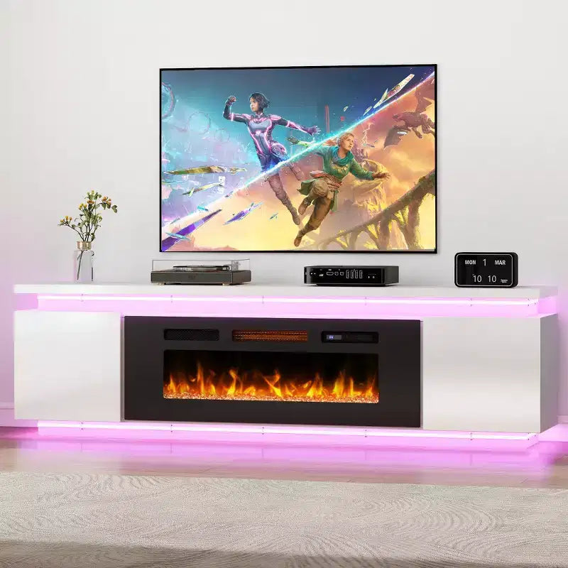 Meuble TV Skyzoo avec foyer électrique intégré, pour téléviseurs jusqu'à 80 pouces, avec lumières LED et 4 prises CA, console TV pour salon