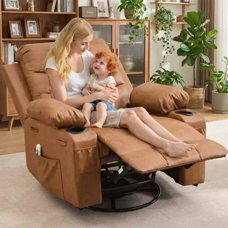 Fauteuil inclinable surdimensionné 360 pivotant et berçant avec massage et chaleur - Fauteuil de salon ergonomique avec porte-gobelets, poches latérales pour salon, chambre de bébé