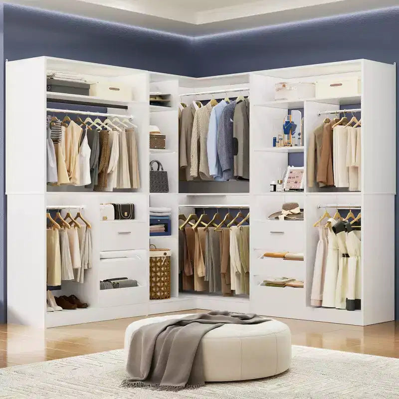 Besiost Lot de 3 dressings d'angle avec étagères et tiroirs, organisateur de placard autoportant avec tringles à vêtements