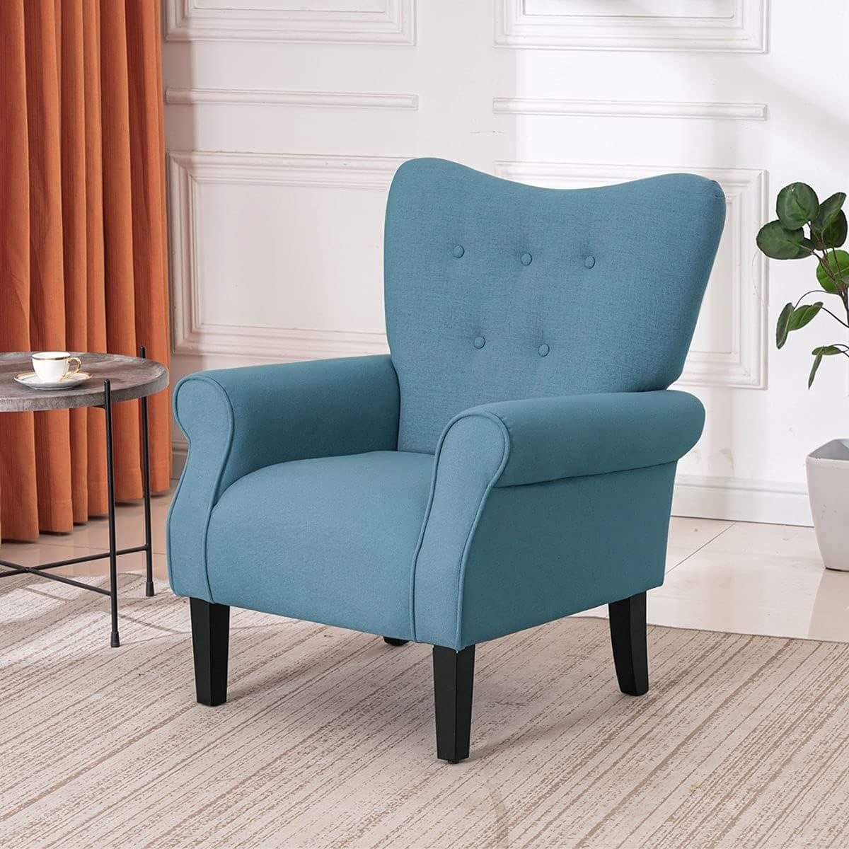 Fauteuil d'appoint moderne Erommy, fauteuil à dossier haut, canapé simple en tissu rembourré avec boutons et pieds en bois pour salon