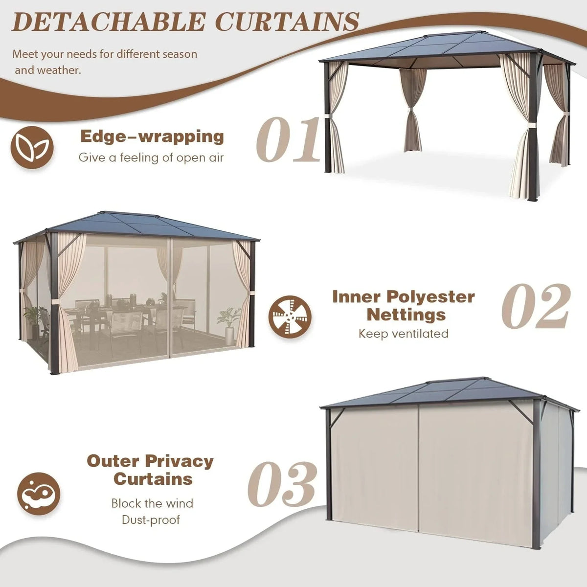 Tonnelle EROMMY à toit rigide, pergola extérieure avec double toit, moustiquaire et rideaux, auvent robuste pour patio, jardin, fête au bord de la piscine