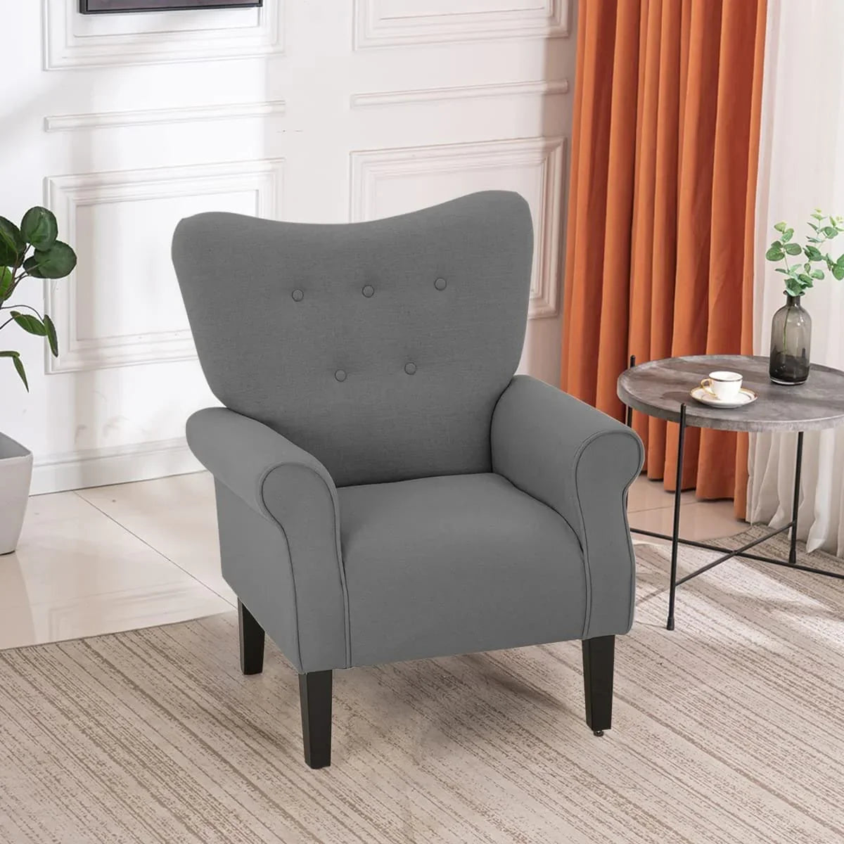 Fauteuil d'appoint moderne Erommy, fauteuil à dossier haut, canapé simple en tissu rembourré avec boutons et pieds en bois pour salon