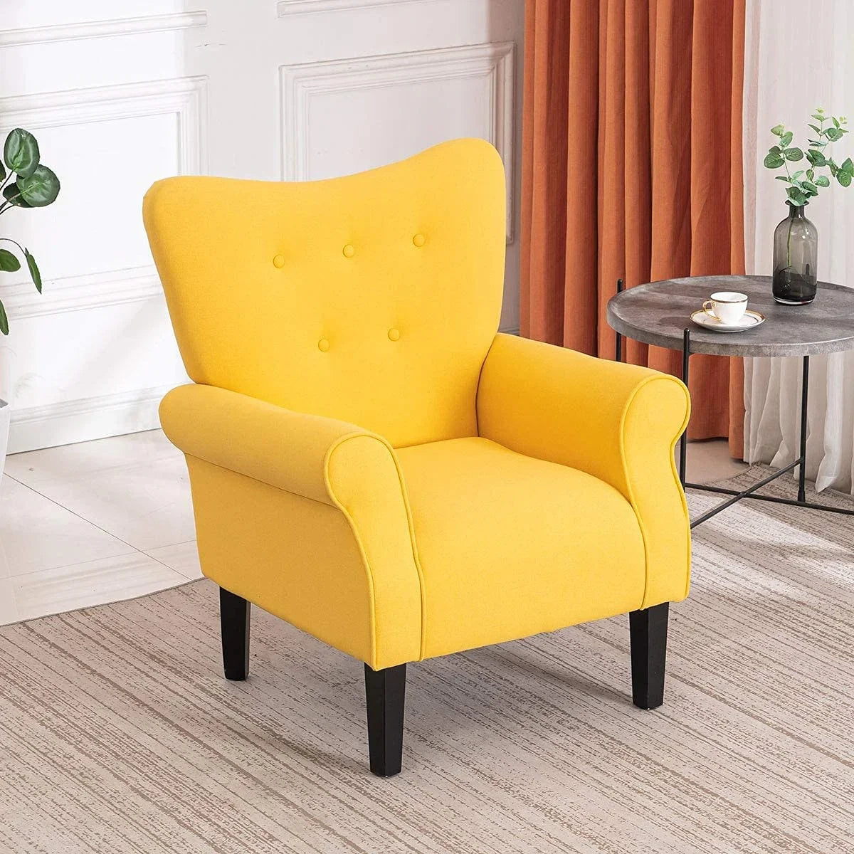 Fauteuil d'appoint moderne Erommy, fauteuil à dossier haut, canapé simple en tissu rembourré avec boutons et pieds en bois pour salon