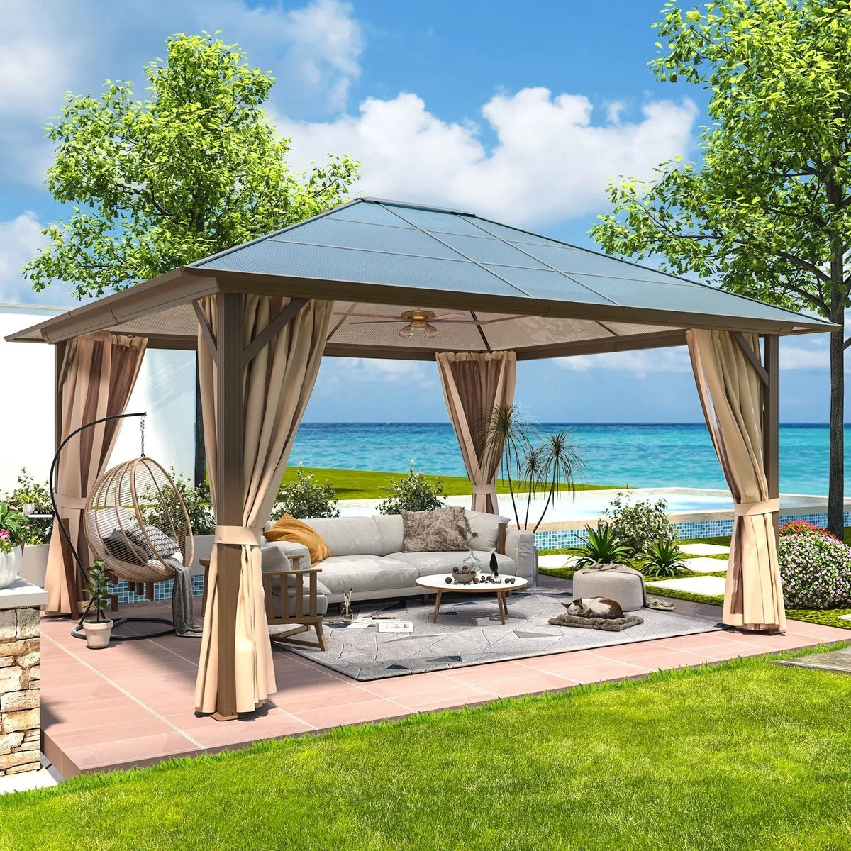 Tonnelle EROMMY à toit rigide, pergola extérieure avec double toit, moustiquaire et rideaux, auvent robuste pour patio, jardin, fête au bord de la piscine