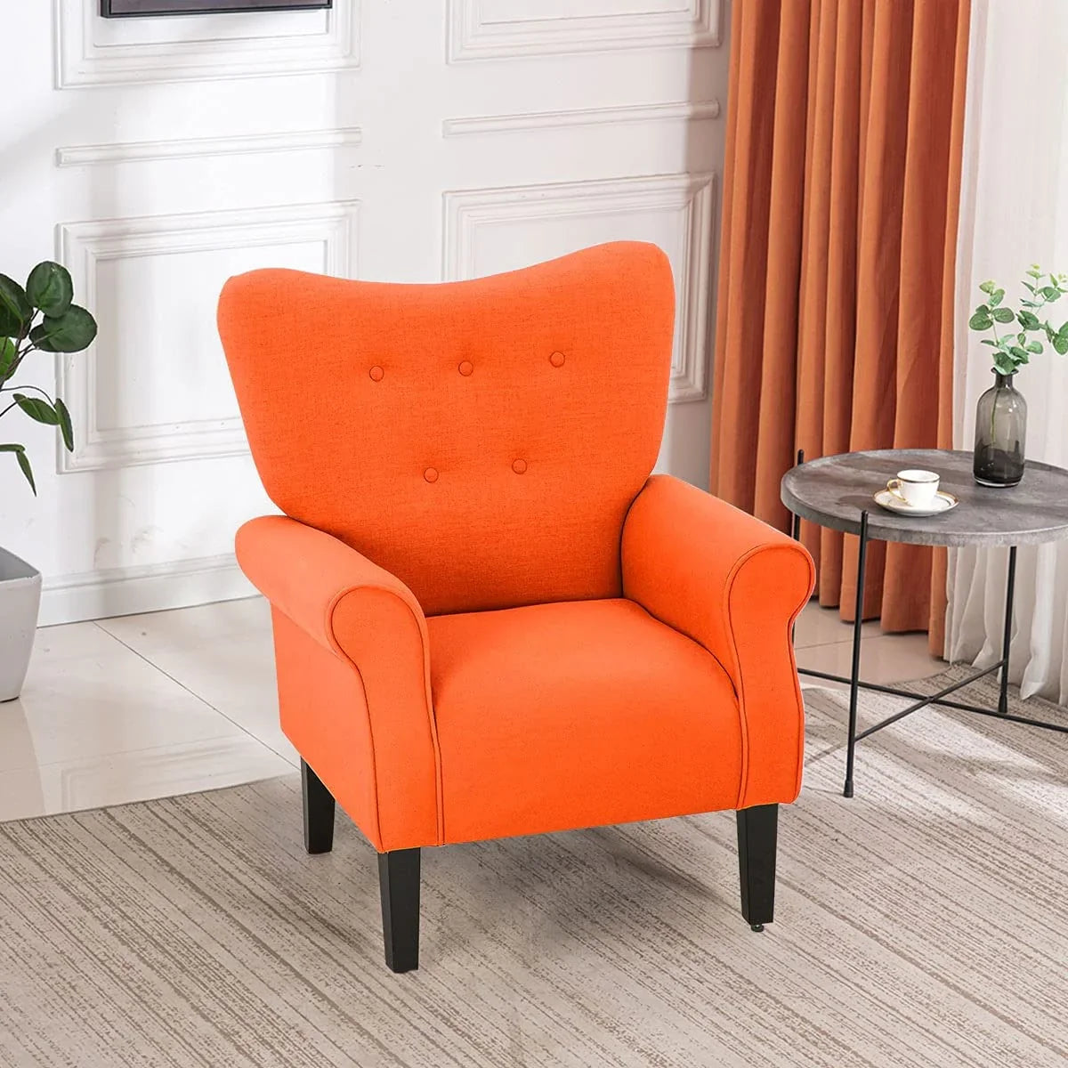 Fauteuil d'appoint moderne Erommy, fauteuil à dossier haut, canapé simple en tissu rembourré avec boutons et pieds en bois pour salon