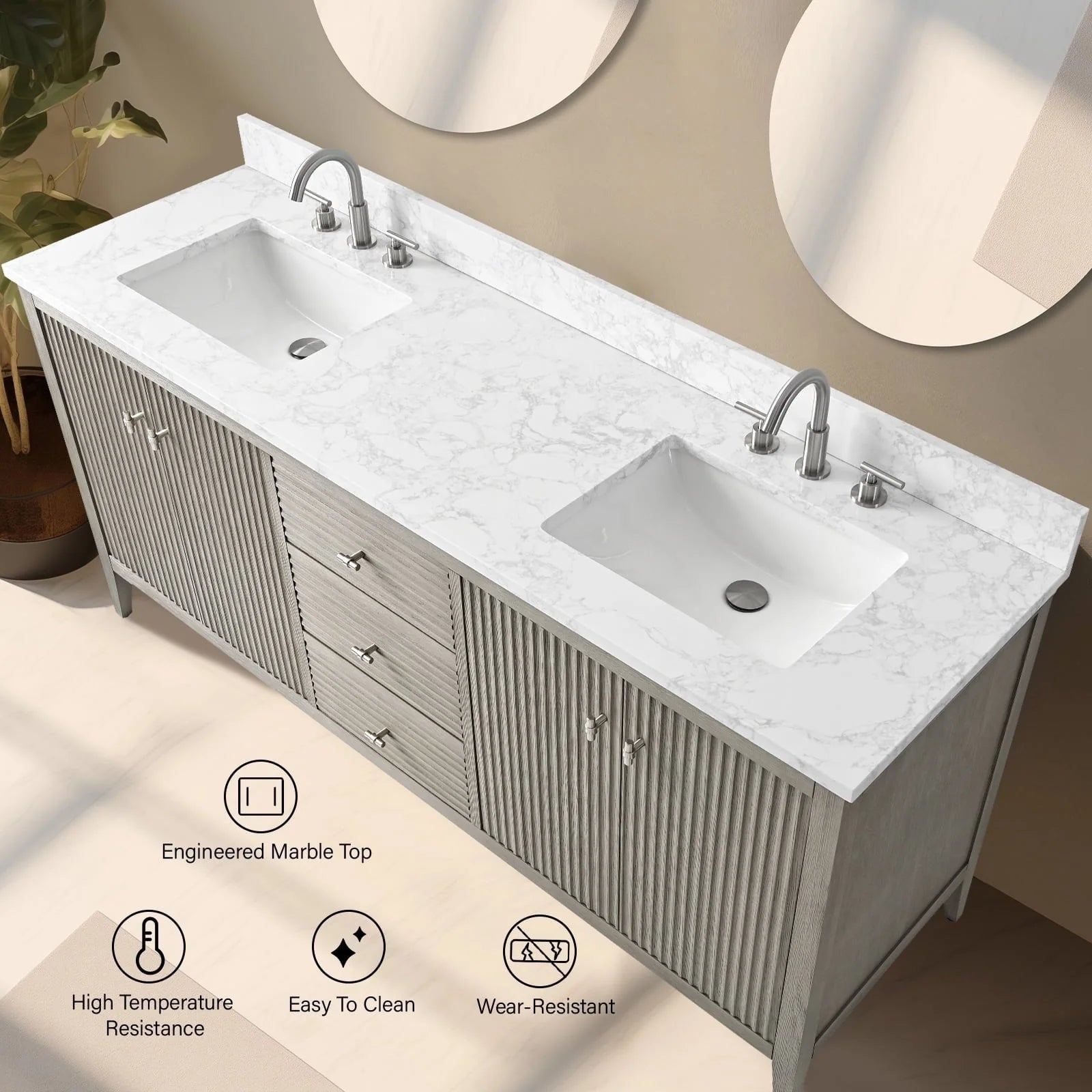 Meuble-lavabo de salle de bain Vanity Art 72 po à double vasque avec dessus en marbre reconstitué