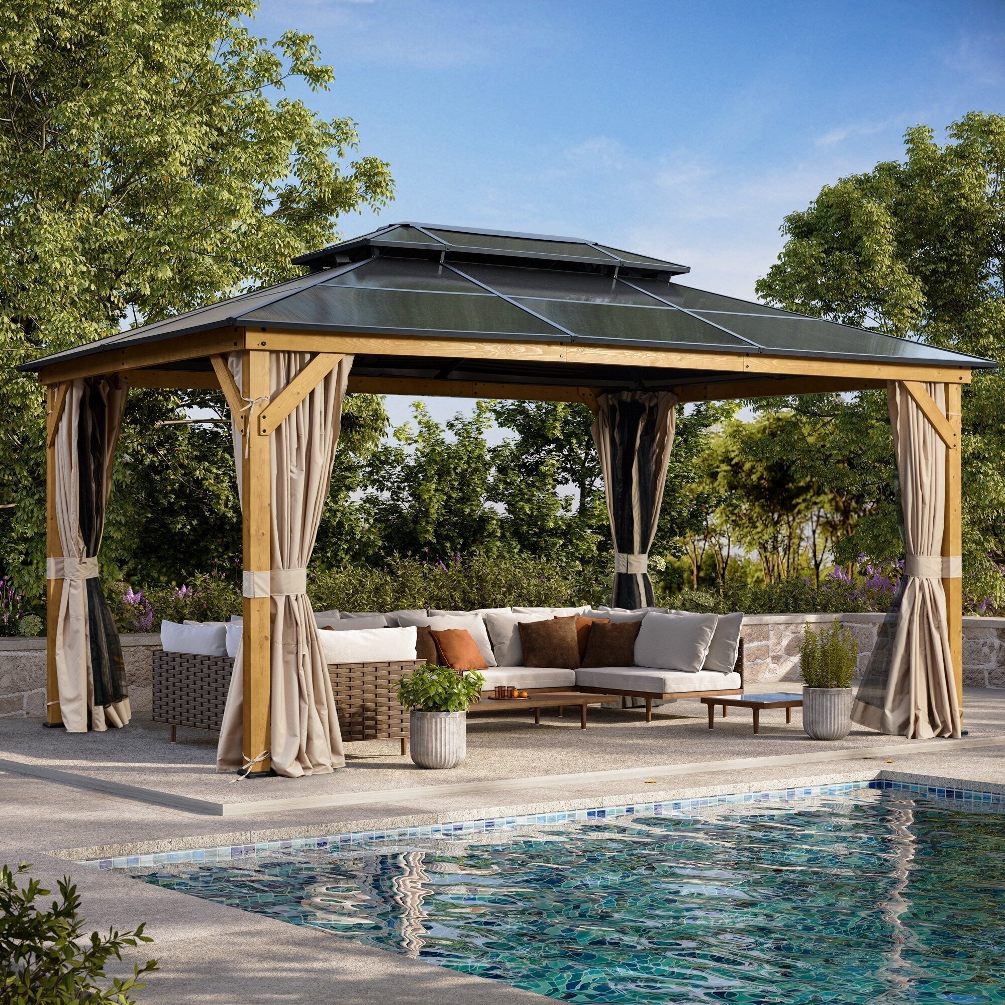 Tonnelle EROMMY à toit rigide, pergola extérieure avec double toit, moustiquaire et rideaux, auvent robuste pour patio, jardin, fête au bord de la piscine