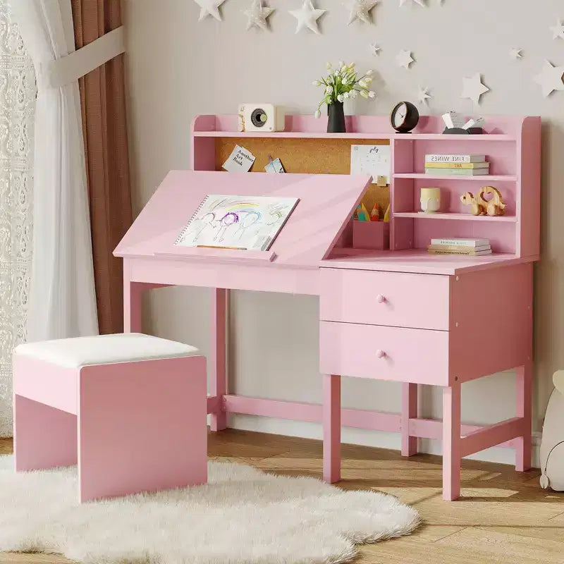 Ensemble bureau et chaise pour enfants, table d'étude en bois avec plateau inclinable réglable, tiroirs et tableau en liège - Ensemble de bureau scolaire pour enfants