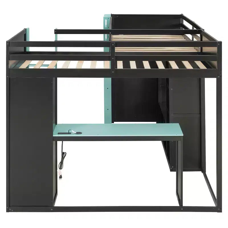 Lit mezzanine de jeu en L avec bureaux, lits superposés doubles avec lumières LED, ports USB, étagères de rangement, lit mezzanine d'angle en bois pour 2 personnes