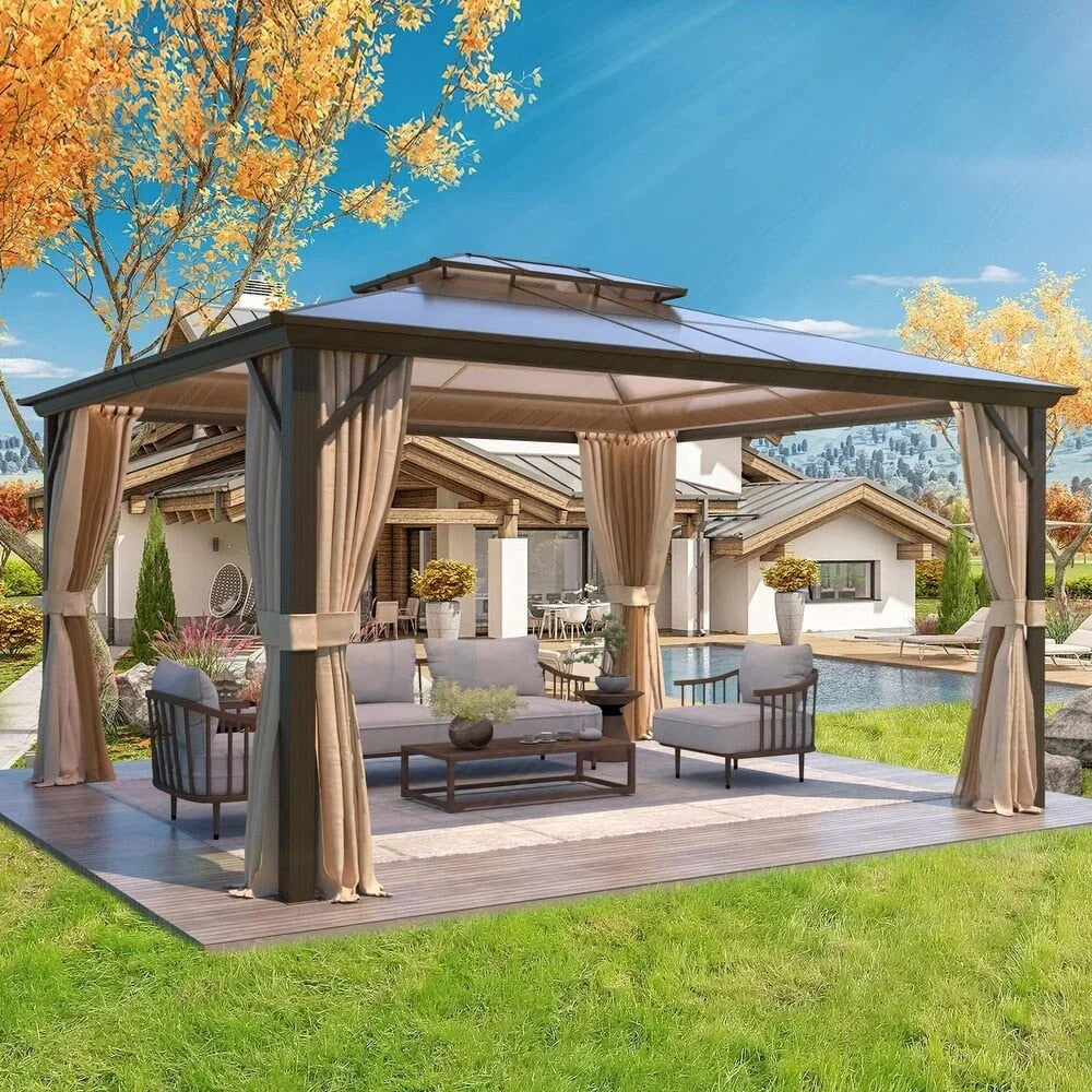 Tonnelle EROMMY à toit rigide, pergola extérieure avec double toit, moustiquaire et rideaux, auvent robuste pour patio, jardin, fête au bord de la piscine