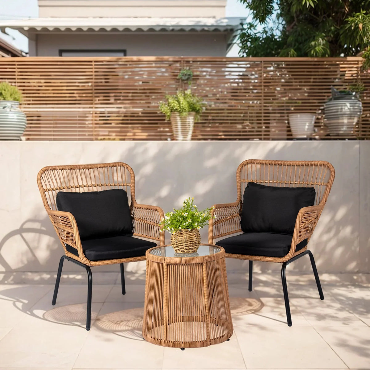 Ensemble bistrot 3 pièces en osier pour conversation, salon de jardin en rotin résistant aux intempéries avec coussins