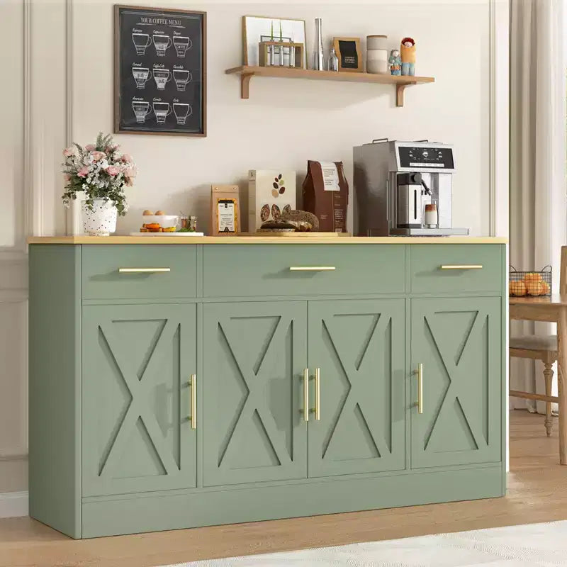 Buffet de cuisine Celebalcony avec rangement, grand buffet de cuisine de 135,6 cm avec 3 tiroirs et 4 portes, étagère réglable pour cuisine, salon