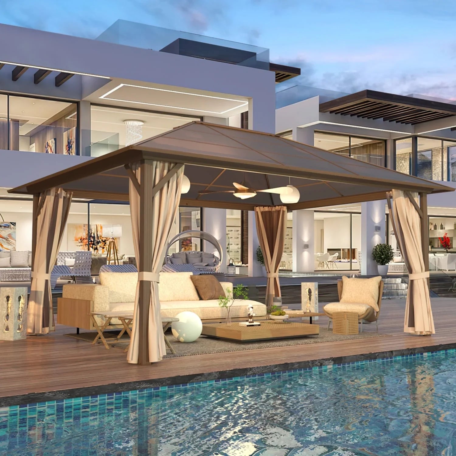 Tonnelle EROMMY à toit rigide, pergola extérieure avec double toit, moustiquaire et rideaux, auvent robuste pour patio, jardin, fête au bord de la piscine