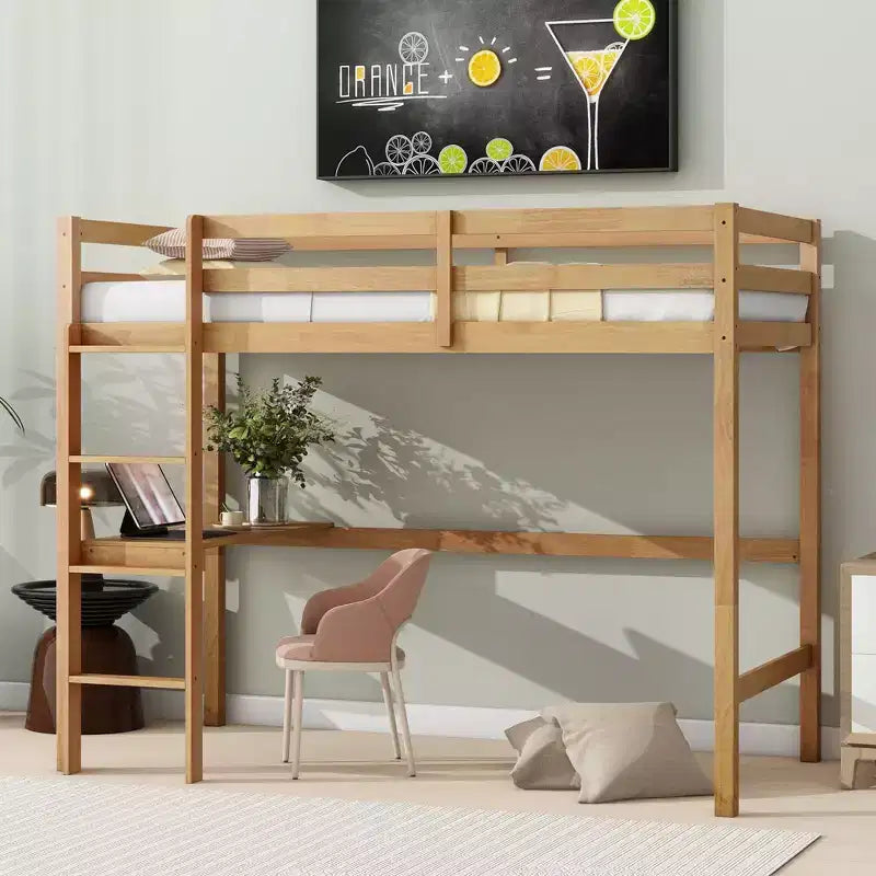 Lit mezzanine Okak Minimalism avec échelle, lit mezzanine simple en bois d'hévéa avec garde-corps de sécurité et bureau intégré, cadres de lit pour enfants, adolescents