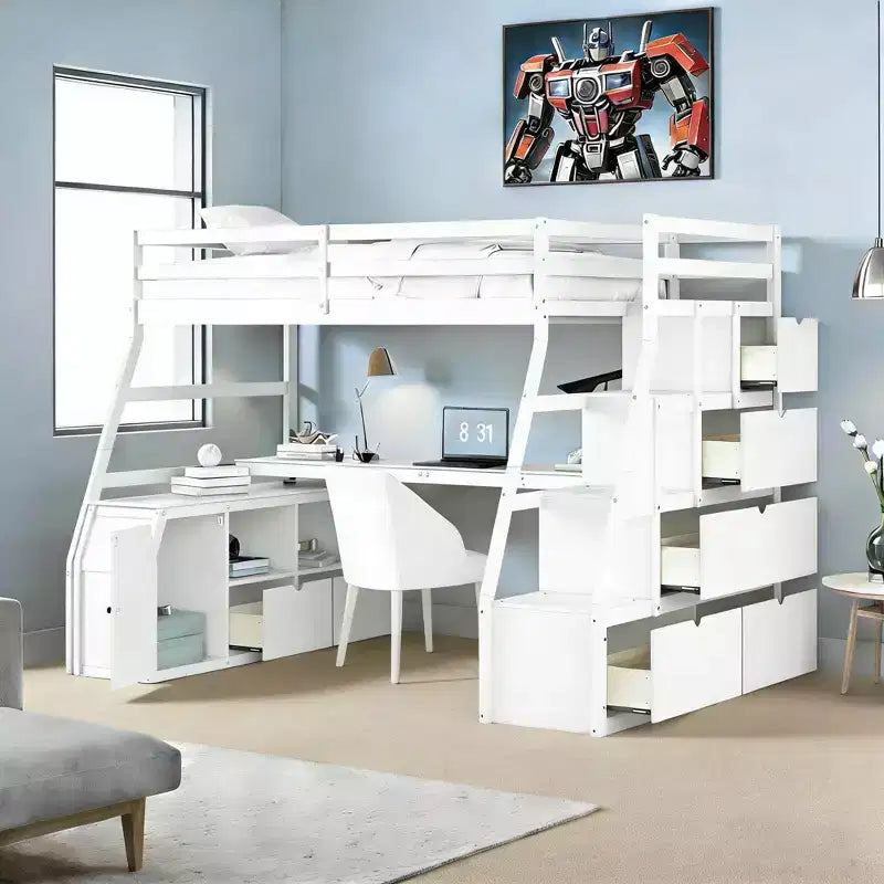Lit mezzanine simple avec 7 tiroirs, 2 étagères, armoire et bureau pour enfants et adolescents
