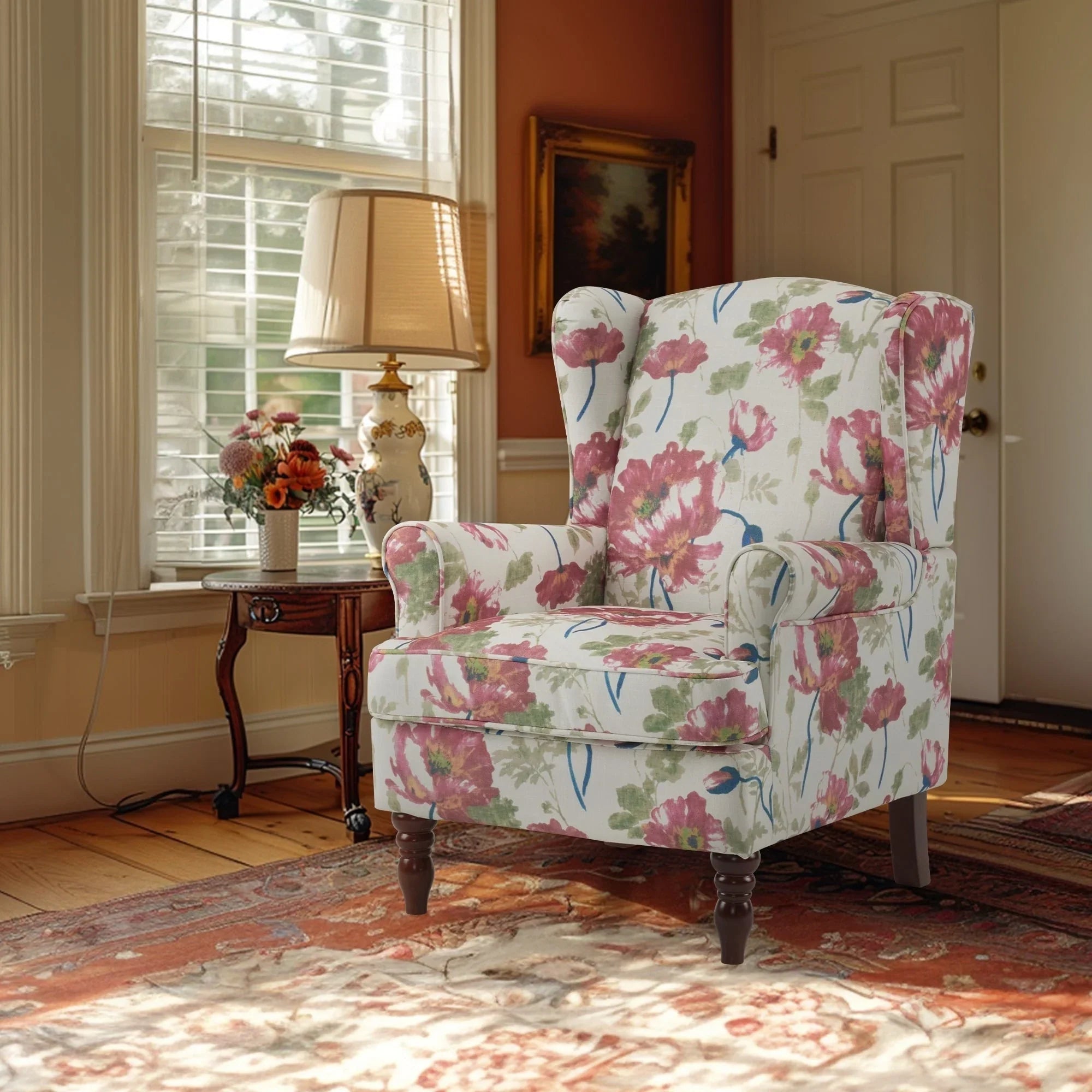 Fauteuil d'appoint moderne Erommy, fauteuil à dossier haut, canapé simple en tissu rembourré avec boutons et pieds en bois pour salon