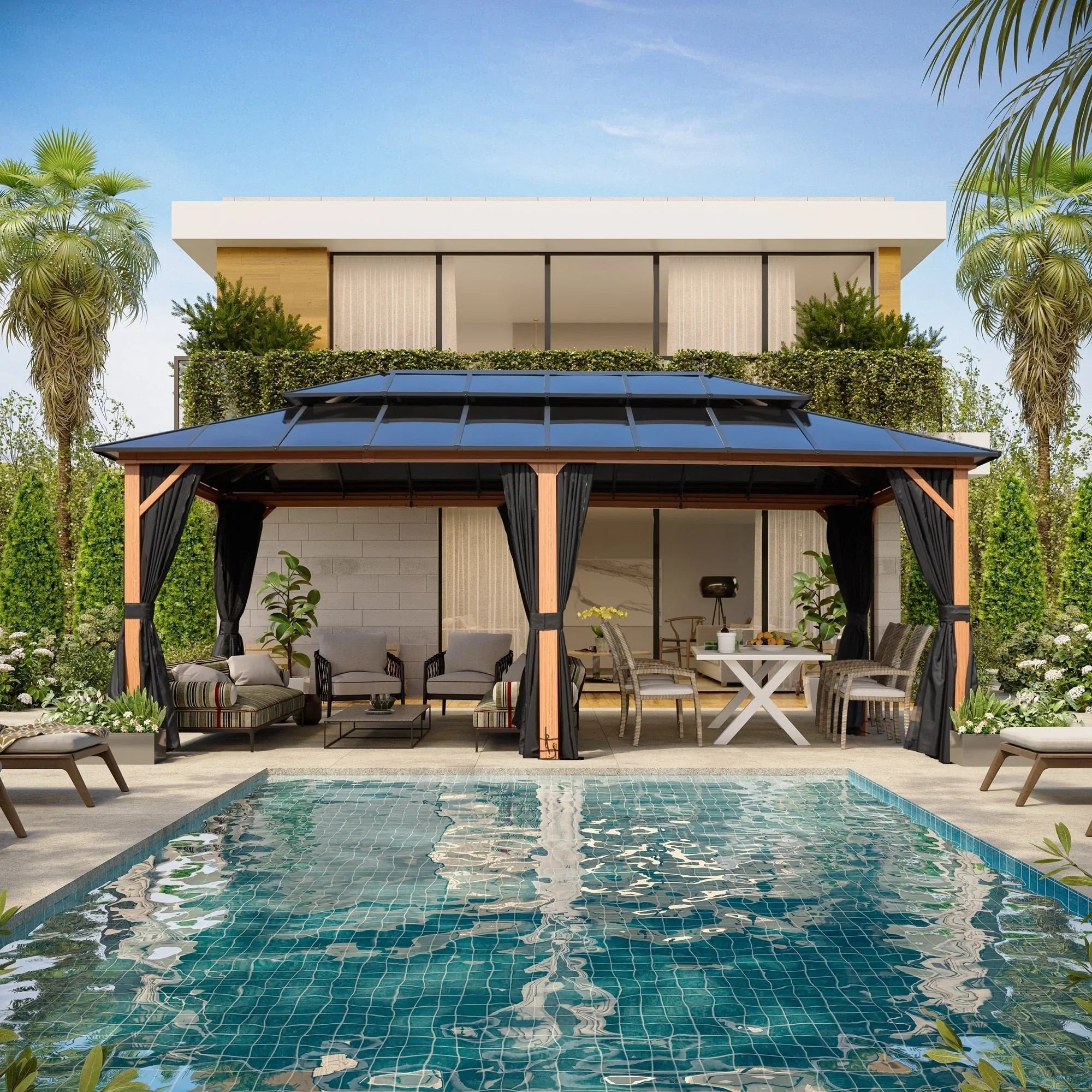 Tonnelle EROMMY à toit rigide, pergola extérieure avec double toit, moustiquaire et rideaux, auvent robuste pour patio, jardin, fête au bord de la piscine