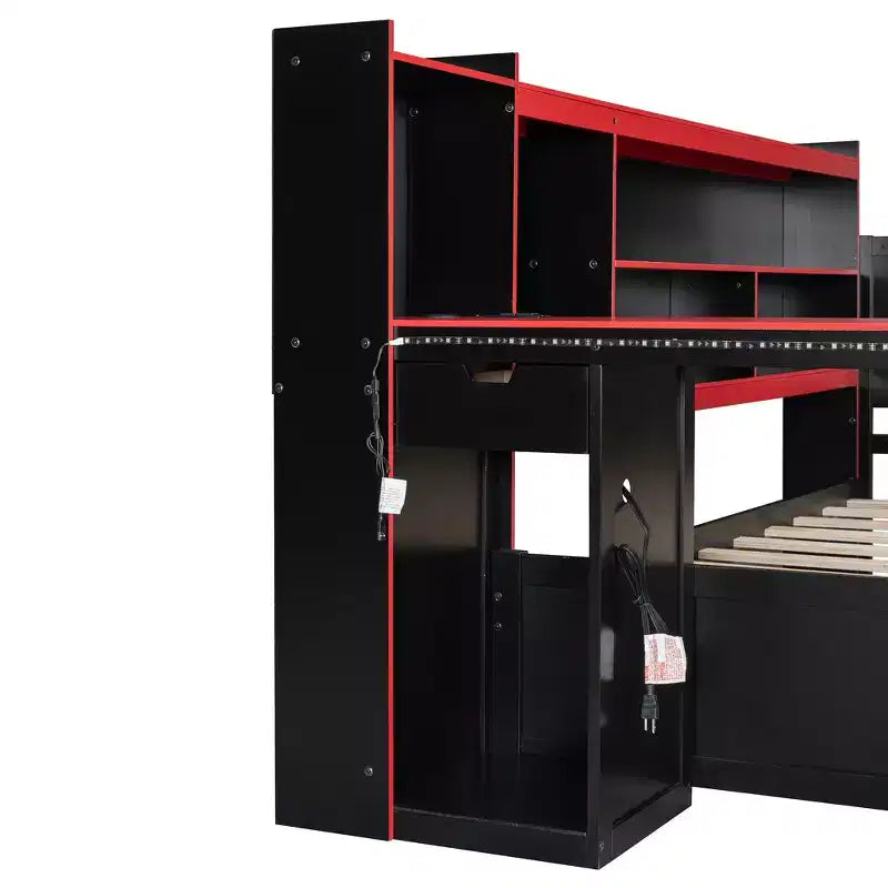 Lit de repos de jeu double/grand avec tête de lit bibliothèque, lumières LED, bureau intégré, tiroirs et station de charge