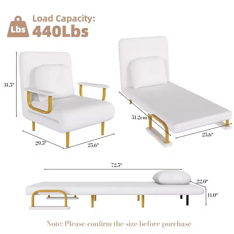 Canapé-lit pliant 3-en-1 convertible en fauteuil - Dossier réglable sur 5 positions avec oreiller, lit d'appoint peu encombrant pour salon, chambre et bureau (Blanc)