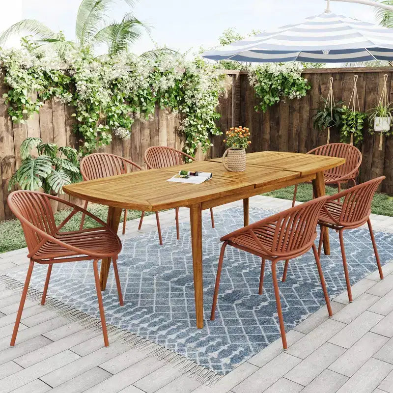Ensemble de salle à manger d'extérieur 7 pièces extensible avec chaises empilables, table en bois d'acacia