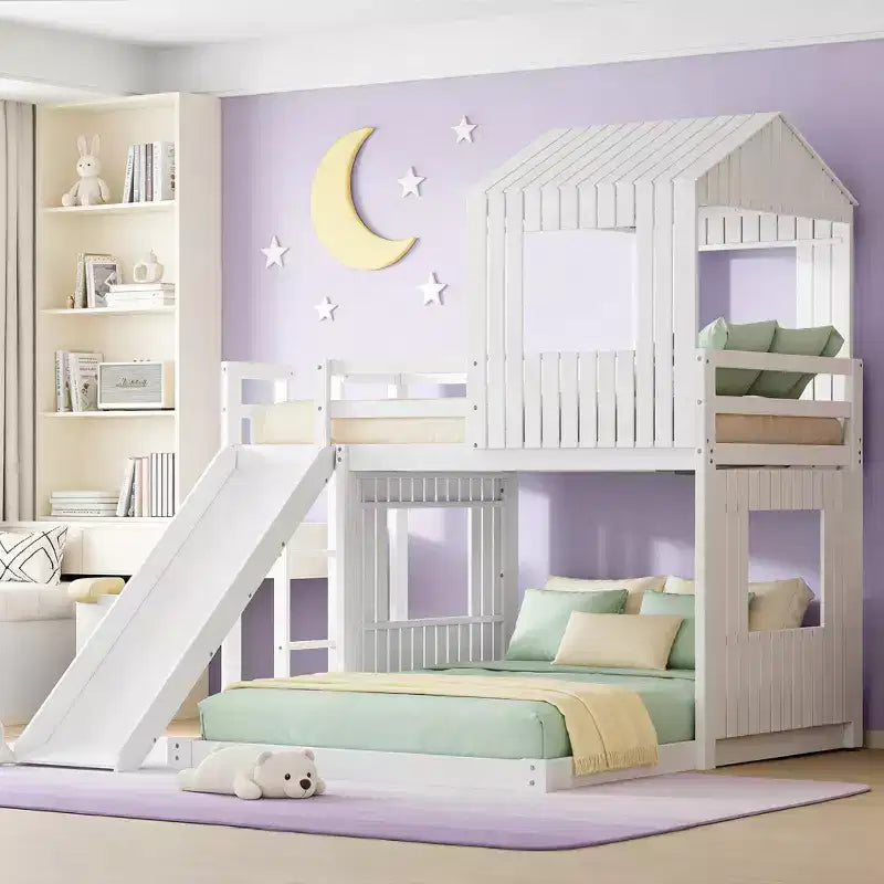 Lit superposé en bois Luxystar avec maisonnette, toboggan et barrières de sécurité, double sur grand lit