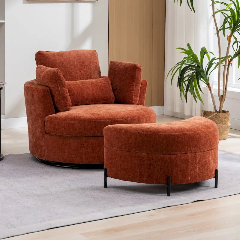 Fauteuil d'appoint pivotant rembourré 42,3 W avec 4 oreillers et pouf de rangement demi-lune