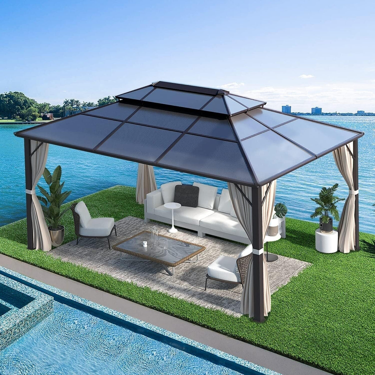 Tonnelle EROMMY à toit rigide, pergola extérieure avec double toit, moustiquaire et rideaux, auvent robuste pour patio, jardin, fête au bord de la piscine