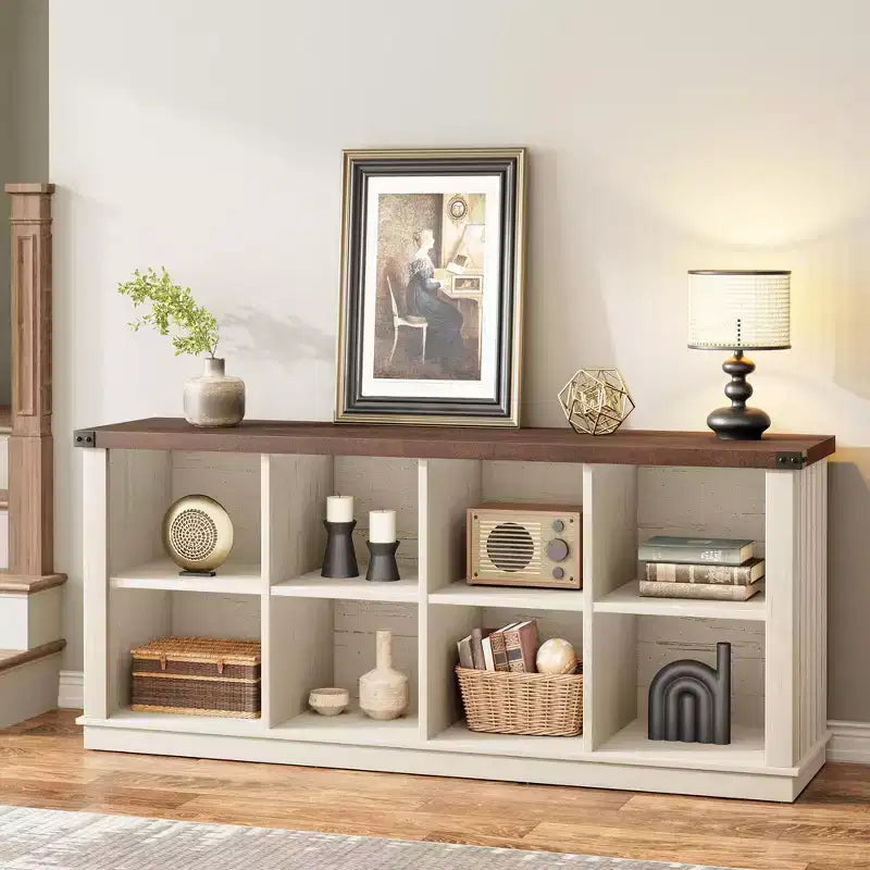Étagère de rangement à 8 cubes, bibliothèque horizontale de style ferme, bibliothèque de rangement en bois de 157 cm pour entrée, étagères basses et longues pour salon