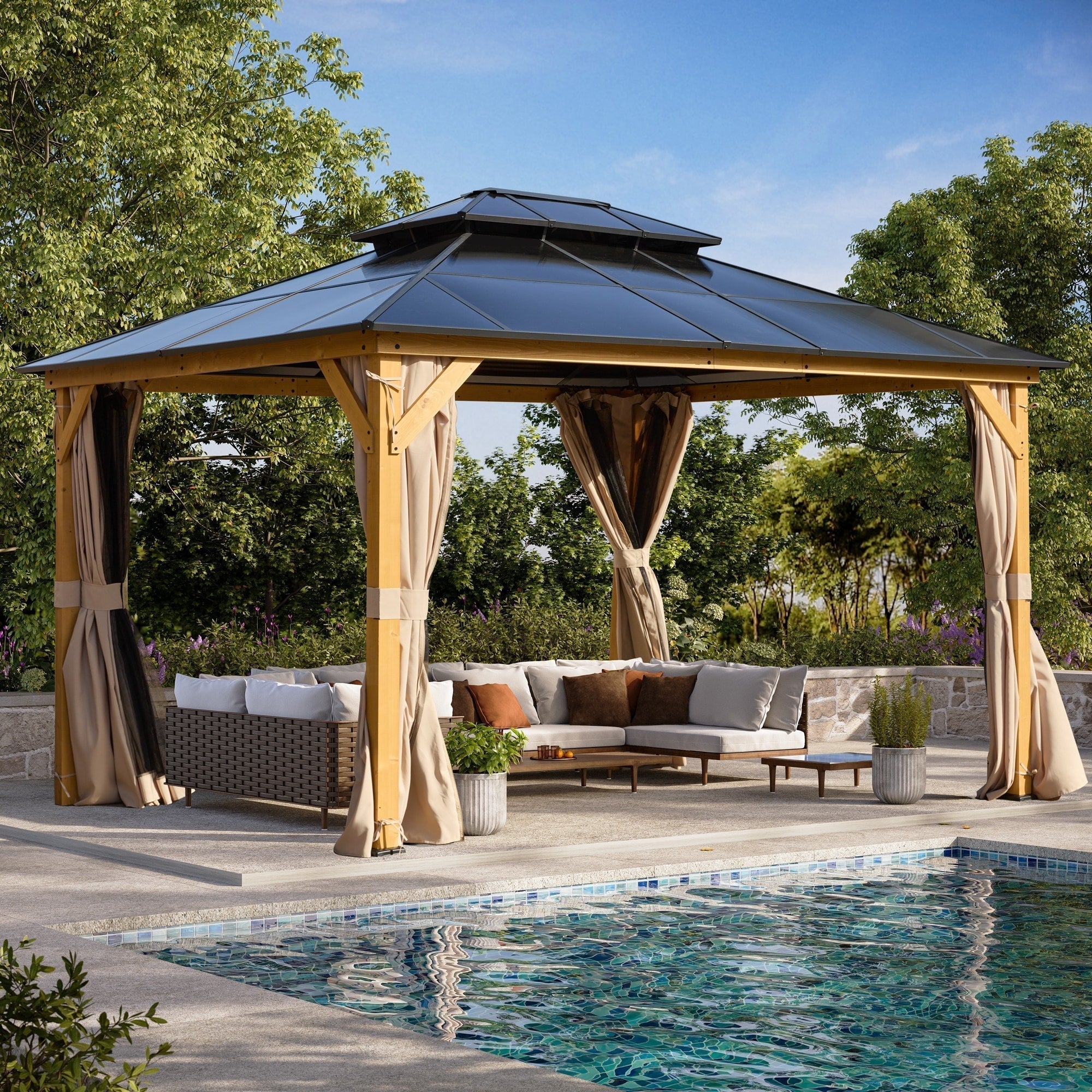 Tonnelle EROMMY à toit rigide, pergola extérieure avec double toit, moustiquaire et rideaux, auvent robuste pour patio, jardin, fête au bord de la piscine