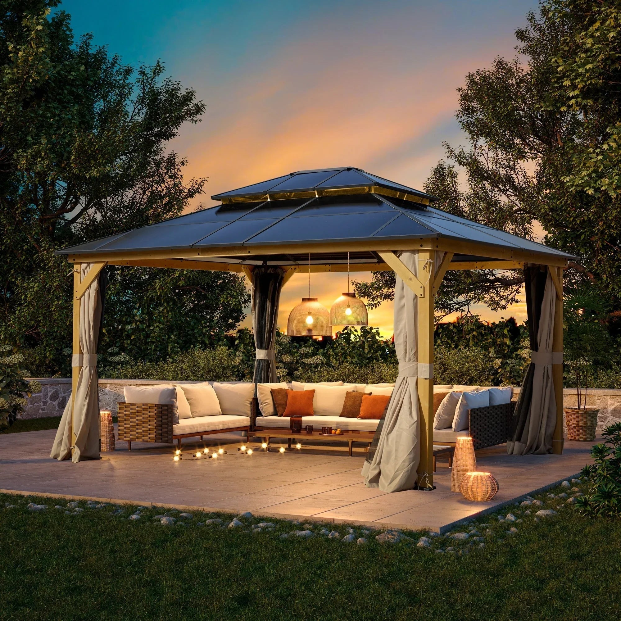 Tonnelle EROMMY à toit rigide, pergola extérieure avec double toit, moustiquaire et rideaux, auvent robuste pour patio, jardin, fête au bord de la piscine