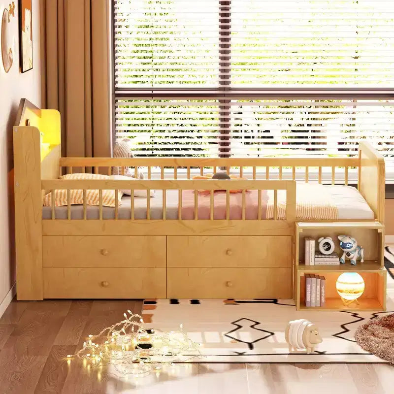 Lit mezzanine bas Whisen avec lumières LED, tête de lit en forme de maison et tiroirs de rangement, construction robuste