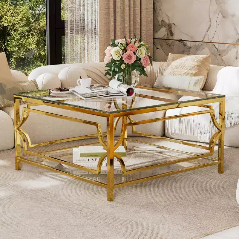 Table basse carrée Merax avec plateau en verre noir ou transparent et étagère de présentation à deux niveaux