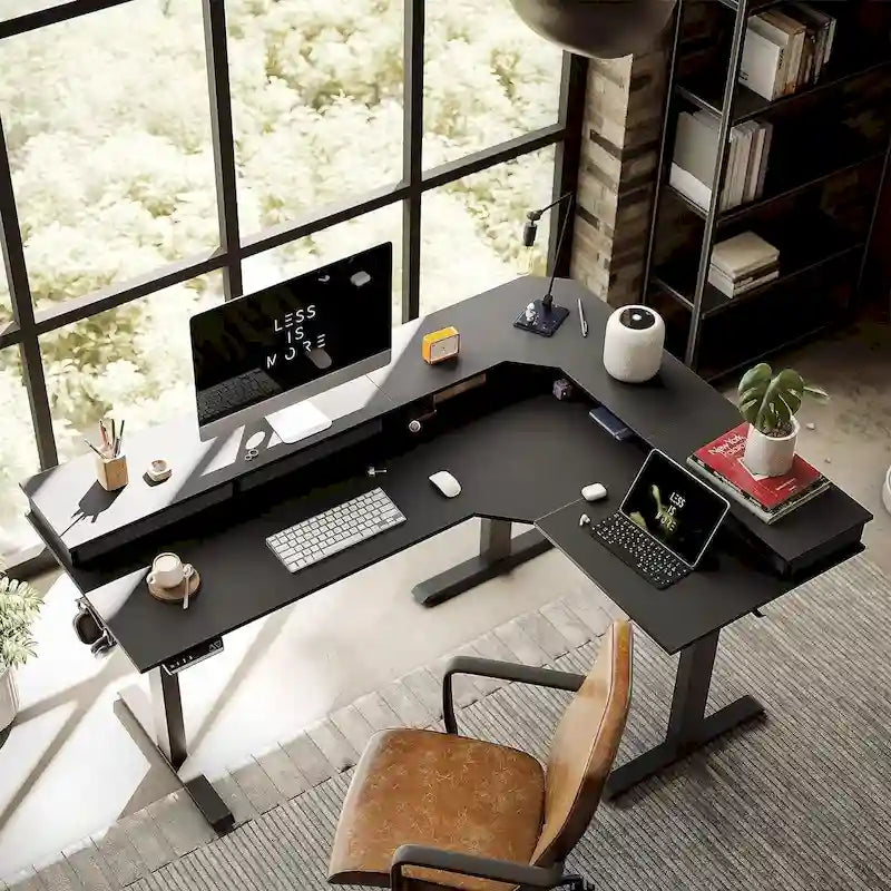 Bureau d'angle électrique debout avec 3 tiroirs et roulettes verrouillables, 160