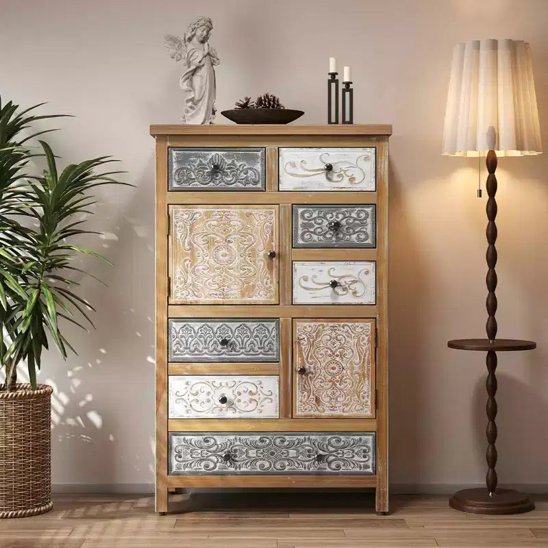 Commode d'appoint vintage en bois avec 6 tiroirs et 2 placards, commode de rangement sculptée multicolore rustique pour salon