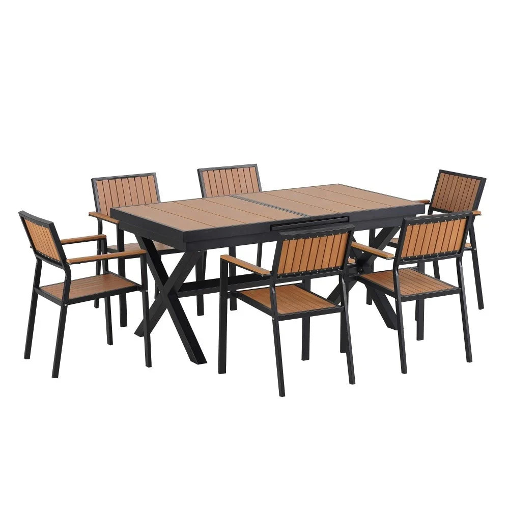 Ensemble de salle à manger d'extérieur moderne de 7 pièces avec six chaises et une table extensible pour terrasse