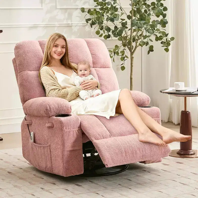Fauteuil inclinable surdimensionné pour adultes, canapé berçant pivotant manuel, poches latérales et porte-gobelets pour personnes fortes et de grande taille, salon