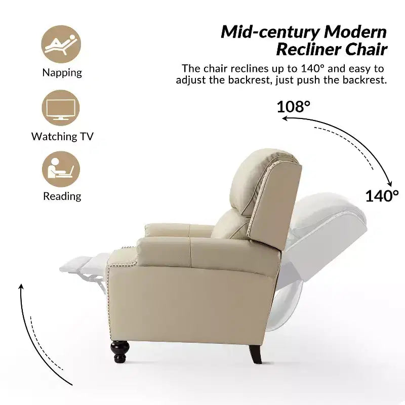 Ensemble de 2 fauteuils inclinables modernes en cuir véritable Elisabete avec garniture cloutée vintage pour salon et chambre à coucher | ART OF LIVING DESIGNS