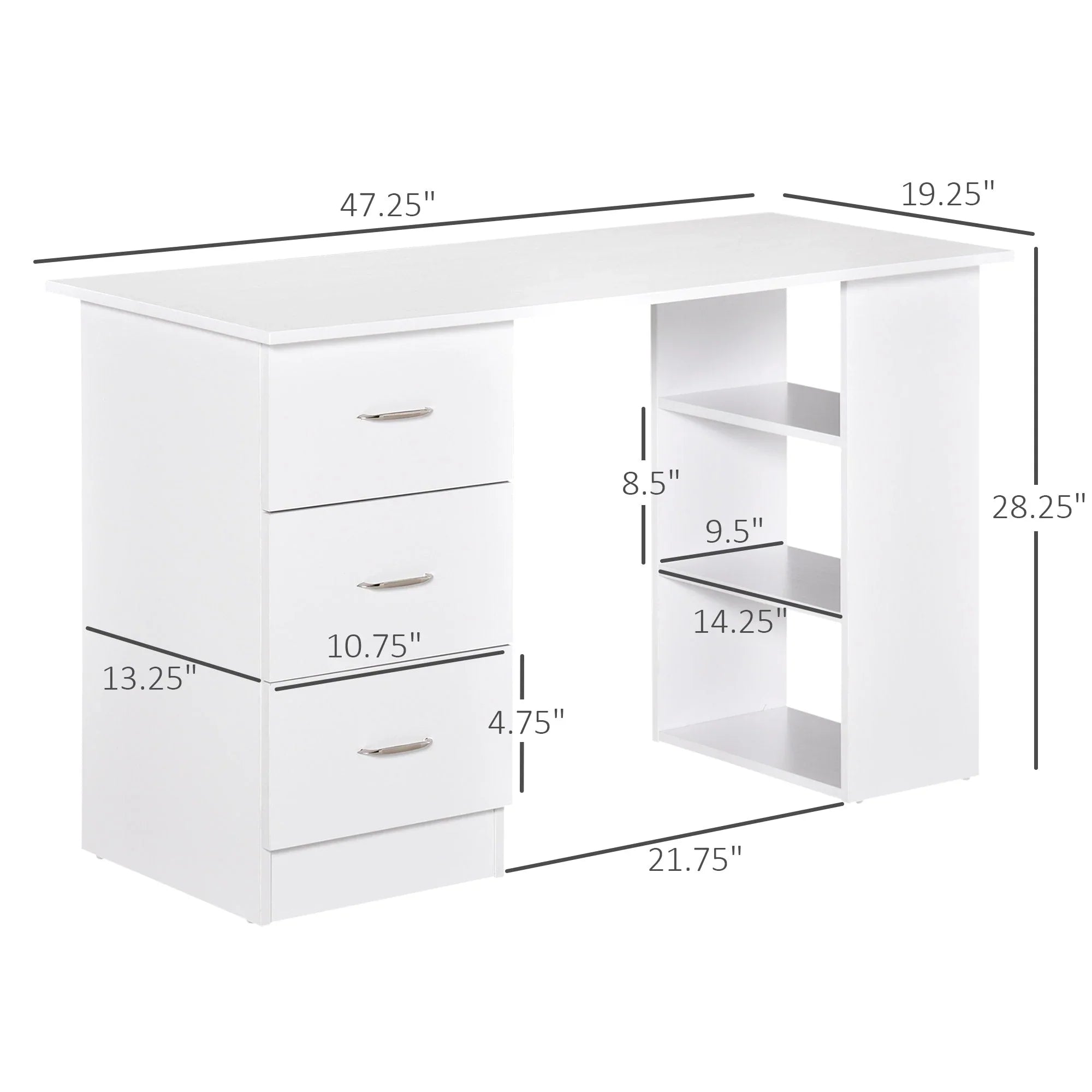 HOMCOM Bureau d'ordinateur moderne 47" pour la maison et le bureau, combo bibliothèque, table d'écriture, poste de travail avec 3 tiroirs et étagère de rangement - Blanc