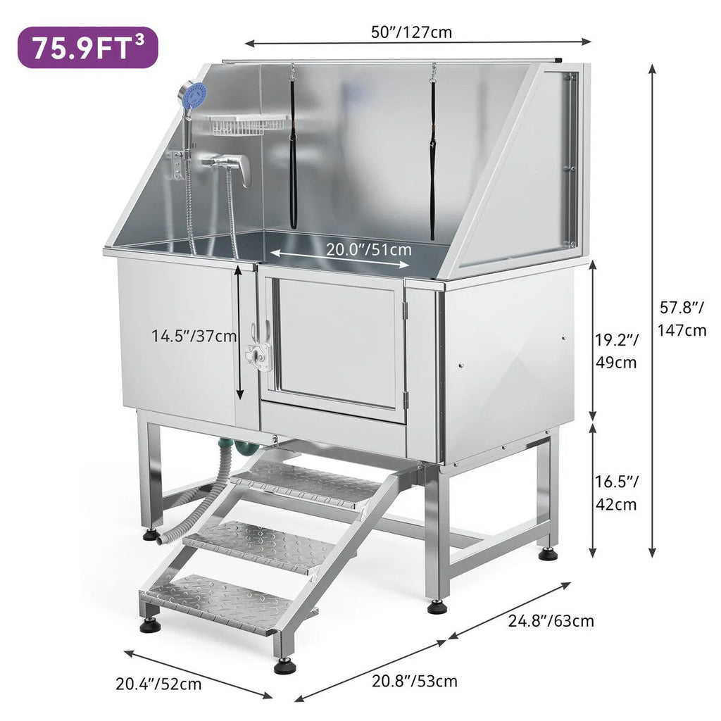 Baignoire de toilettage pour animaux de compagnie de 50 pouces de largeur en acier inoxydable avec rampe d'accès